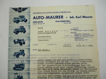 Hanomag Geschäftsbrief Firma Auto Maurer Kirn Nahe 1950