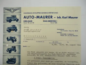 Hanomag Geschäftsbrief Raupenketten Auto Maurer Kirn Nahe 1940