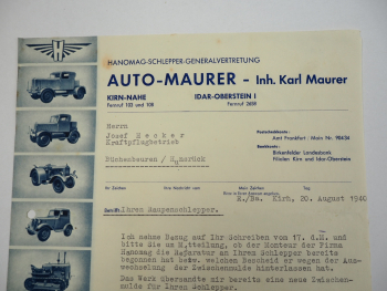 Hanomag Geschäftsbrief Raupenschlepper Auto Maurer Kirn Nahe 1940