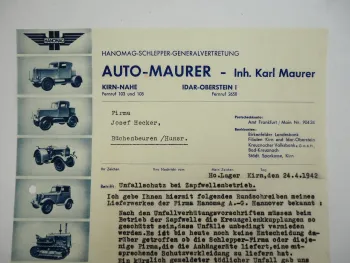 Hanomag Geschäftsbrief Unfallschutz Zapfwellen Auto Maurer Kirn Nahe 1942