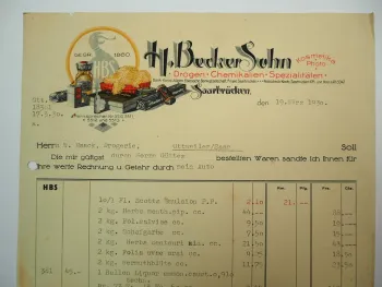 HBS H. Becker Sohn Kosmetika Drogerie Saarbrücken Rechnung 1930