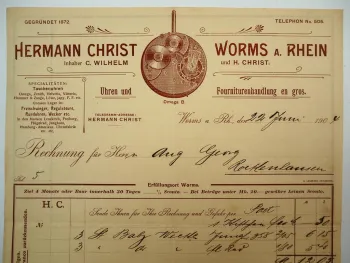 Hermann Christ Worms a. Rhein Uhren & Furnituren Handlung Omega B Rechnung 1904