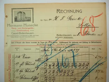 Hermann Hunecke Haus- u. Küchengeräte Kassel Bettenhausen Rechnung 1908