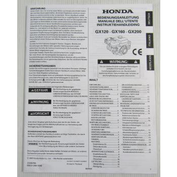 Honda GX 120 160 200 Motor Betriebsanleitung Instruktiehandleiding Manuale 2007