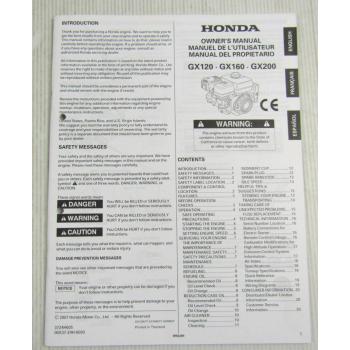 Honda GX 120 160 200 Owners Manual Manuel de L Utilisateur Manual del Propietar