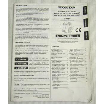 Honda GX100 engine for Rammer-Type Compactors Owners Manual Manuel Manual