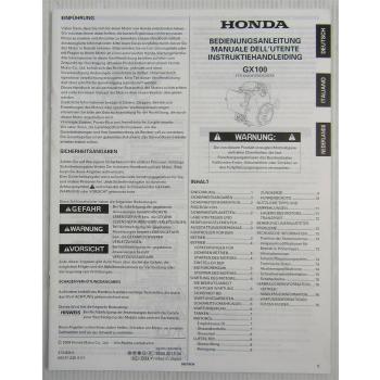 Honda GX100 Motor Betriebsanleitung Bedienung Instruktiehandleiding 2009