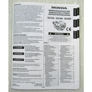 Honda GX120 160 200 Motor Betriebsanleitung Bedienung Manual Instruktiehandleitu