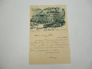 Hotel Baum Bad Münster am Stein Rheinland Pfalz Brief 1899