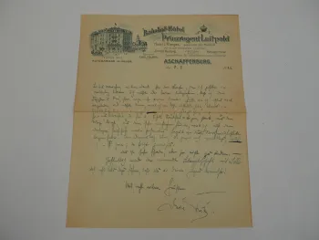 Hotel Prinzregent Luitpold Aschaffenburg Bayern Brief 1922