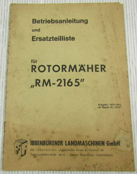 Ibbenbürener RM2165 Rotormäher Betriebsanleitung Bedienun Ersatzteilliste1973/74
