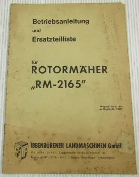 Ibbenbürener RM2165 Rotormäher Betriebsanleitung Bedienun Ersatzteilliste1973/74