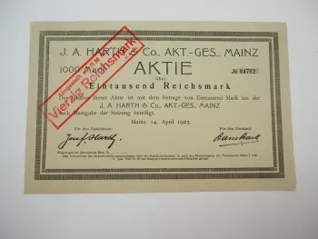 J. A. Harth & Co. AG Großhandel Wein Mainz alte Sammler Aktie von 1923 Inflation