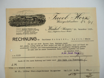 Jacob Horz Weingut Winkel Rheingau Ingelheimer Burgunder Rechnung 1935