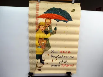 Kinder mit Regenschirm Schule Werbung Original Plakat 1960er Jahre