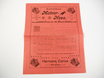 Kontroll Kasse Meteor Nova Beschreibung Reklame Hermann Carius Würzburg ca. 1900