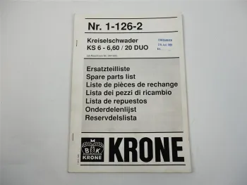 Krone KS 6 - 6.60 20 Duo Kreiselschwader Ersatzteiliste Ersatzteilkatalog 1993