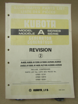 Kubota A 400 800 1200 1800 2500 3050 - 3500 Generator Parts List Pieces rechange