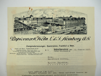 L. u. J. Steinberg AG Papierwerk Köln Geschäftsbrief 1937