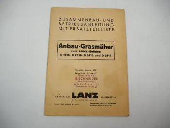 Lanz Anbau Grasmäher f. Bulldog D 1616 2016 2416 2816 Betriebsanleitung ETL 1958