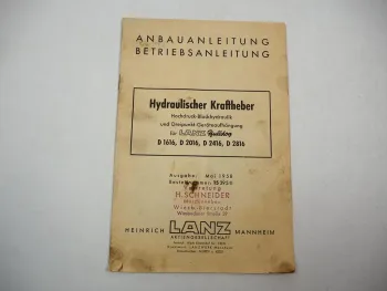 Lanz Hydraulischer Kraftheber f. Bulldog D 1616 2016 2416 2816 Betriebsanleitung