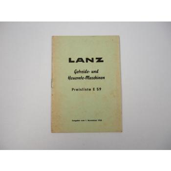 Lanz Preisliste E59 Getreide- und Heuernte-Maschinen 1958