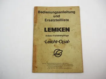 Lemken Leicht Opal Anbau Volldrehpflug Betriebsanleitung Ersatzteilliste