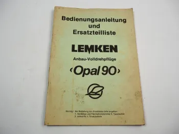 Lemken Opal 90 Anbau Volldrehpflug Betriebsanleitung Ersatzteilliste