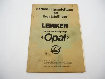 Lemken Opal RLV RLA RV RA Volldrehpflug Betriebsanleitung Ersatzteilliste