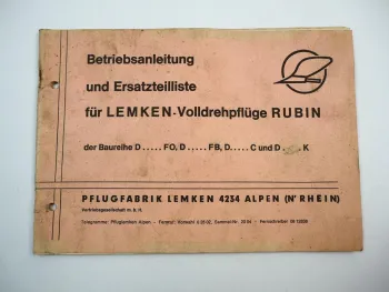 Lemken Rubin Volldrehpflug Betriebsanleitung Ersatzteilliste 1970er Jahre