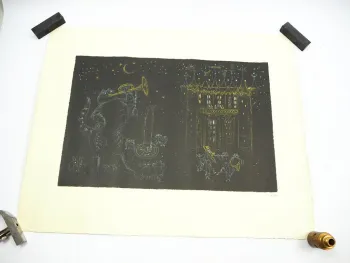Lithografie Hans Fischer Schweiz Gestiefelter Kater Nachtkonzert Nachlassstempel