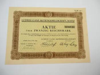 Ludwig Ganz AG Mainz Textilien 20 RM alte Sammler Aktie No. 9887 von 1924