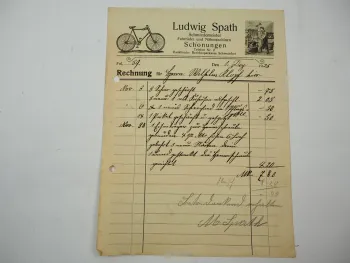 Ludwig Spath Schmiedemeister Fahrräder in Schonungen Schweinfurt Rechnung 1925