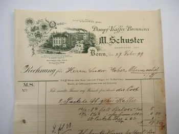 M. Schuster Dampf Kaffee Brennerei Bonn Rechnung 27. Febr. 1899