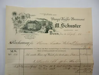 M. Schuster Dampf Kaffee Brennerei Bonn Rechnung 4. Sept. 1899