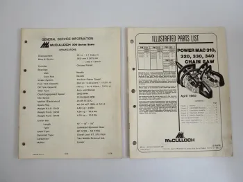 McCulloch PowerMac 310 320 330 340 Chain Saw Service Information + Parts List