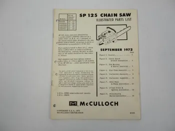McCulloch SP125 Chain Saw Motorsäge Ersatzteilliste Parts List 1972