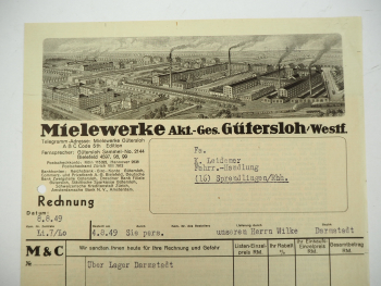 Mielewerke AG Gütersloh Westfalen Fahrrad Rechnung 1949
