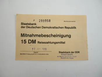 Mitnahmebescheinigung 15 DM Reisezahlungsmittel Staatsbank DDR 1988