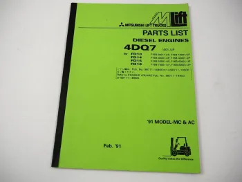 Mitsubishi 4DQ7 Engine Parts List FD 10 14 15 18 Lift Trucks 1991 Ersatzteilliste