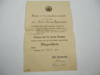 Orig. Bürgerschein Bürgerrecht der Stadt Bautzen 1894 Unterschrift Bürgermeister
