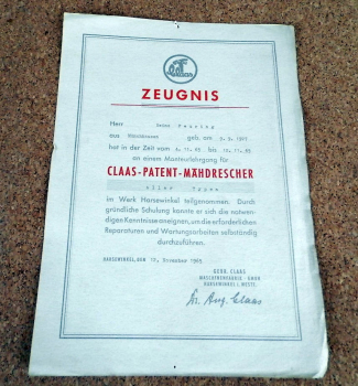 orig. Claas Kundendienst Urkunde Lehrgang 1965