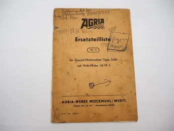 Original Agria 1300 Motormäher Hirth Motor 34M3 Mähbalken Ersatzteilliste 1957
