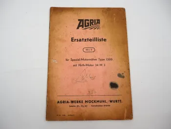 Original Agria 1300 Motormäher mit Hirth Motor 34M3 Ersatzteilliste 1957