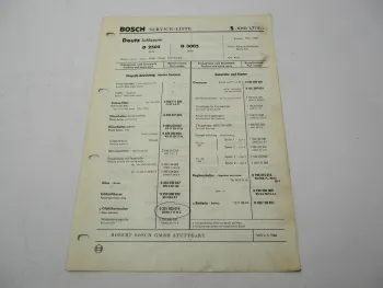 Original Bosch Service-Liste für Deutz D2505 D3005 Schlepper 1965-1966