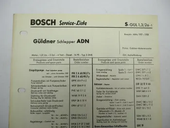 Original Bosch Service-Liste für Güldner Schlepper ADN BJ 1957-1958