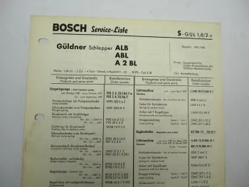 Original Bosch Service-Liste für Güldner Schlepper ALB ABL A2BL BJ 1955-1960