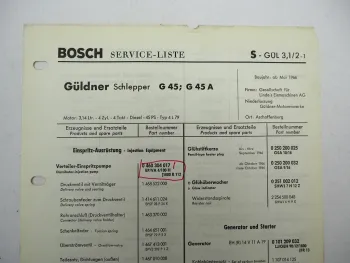 Original Bosch Service-Liste für Güldner Schlepper G45 G45A ab BJ 1966