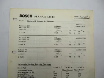 Original Bosch Service-Liste für Hanomag Schlepper Brillant Robust BJ 1967