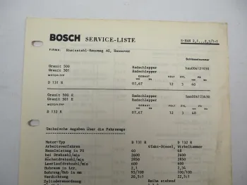 Original Bosch Service-Liste für Hanomag Schlepper Granit 500 501 E BJ 1967